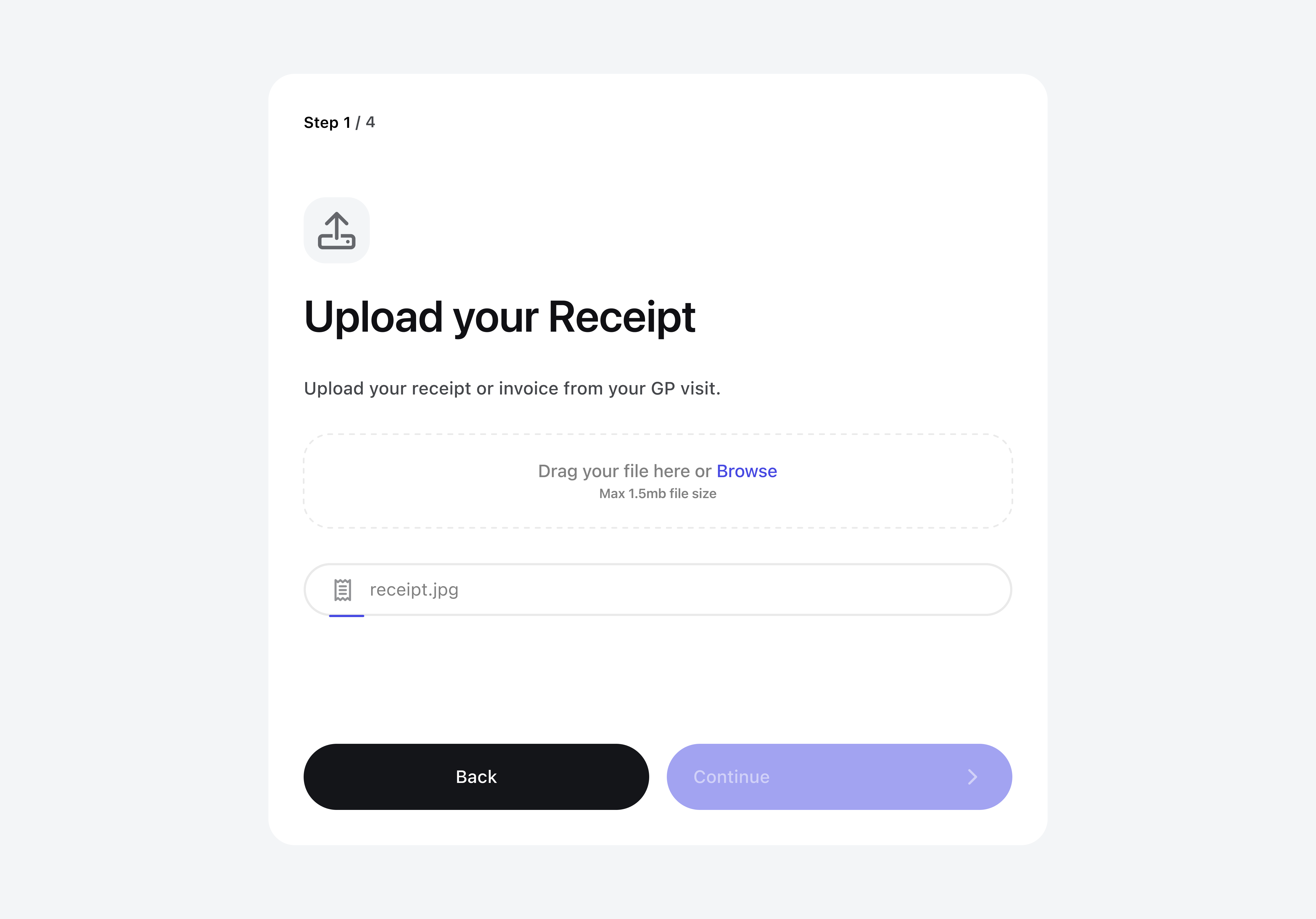 Version two of the 'upload a receipt' desktop screen